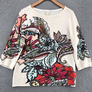 Chicos Top Womens 1 US Medium Multicolor Placed Floral Knit 3/4 Sleeve Pullover
